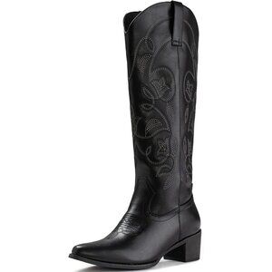Women's Black 1 Pointy Toe Faux Leather Western Cowgirl Mid Calf Boots
